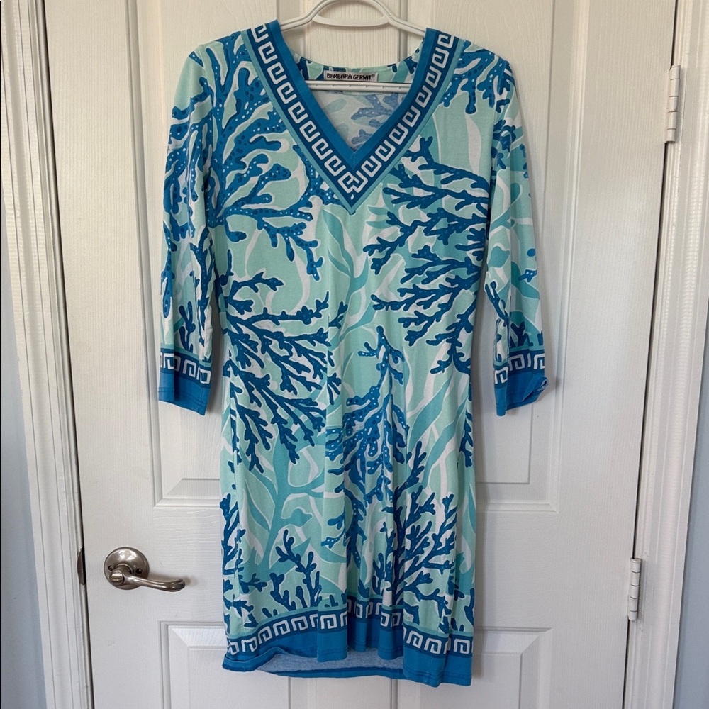 Barbara Gerwit Blue and White V-Neck Dress - M